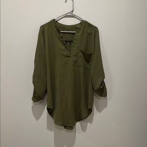 Green Cuffed Sleeve Mandarin Collar Blouse